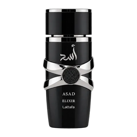 Frasco y caja de Asad Elixir de Lattafa