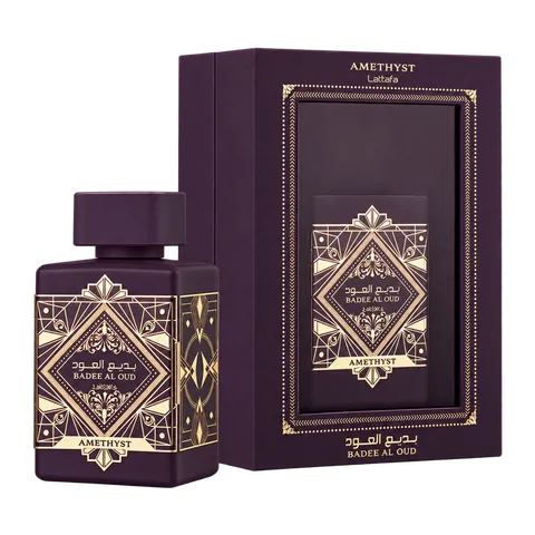 Frasco y caja de Badee al Oud Amethyst de Lattafa