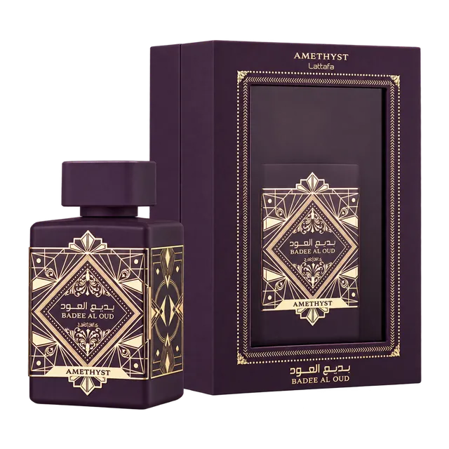 Frasco y caja de Badee al Oud Amethyst de Lattafa
