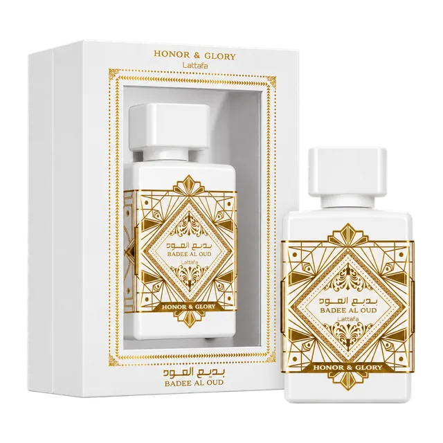 Frasco y caja de Badee al Oud Honor & Glory de Lattafa
